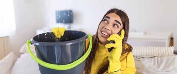 Shocked Woman Calling Plumber While Collecting Water Leaking From Ceiling Using Utensil